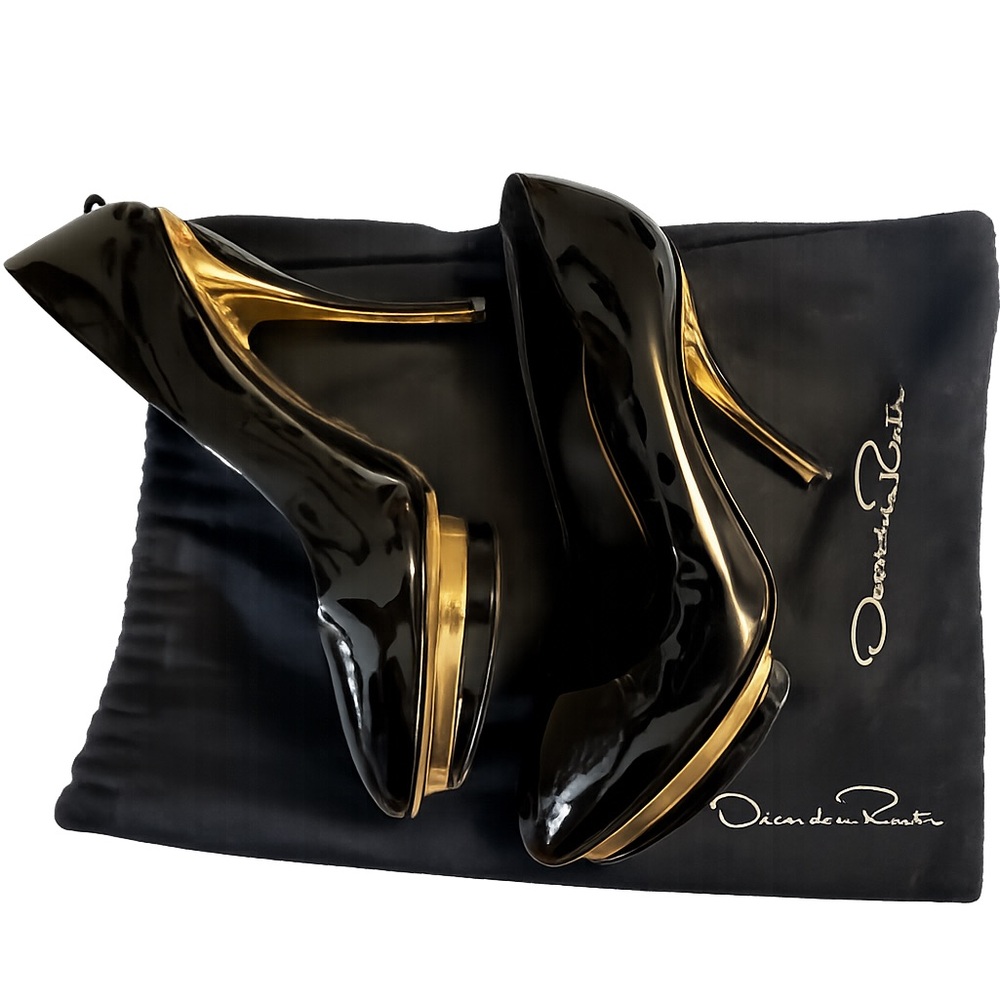 Oscar de la Renta Black Patent Gold Platform Pumps, 39‎